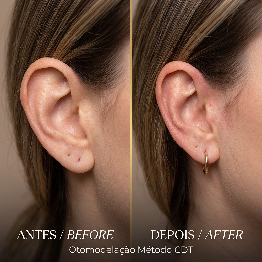 Antes e depois de otomodelação Método CDT — correção de orelhas proeminentes